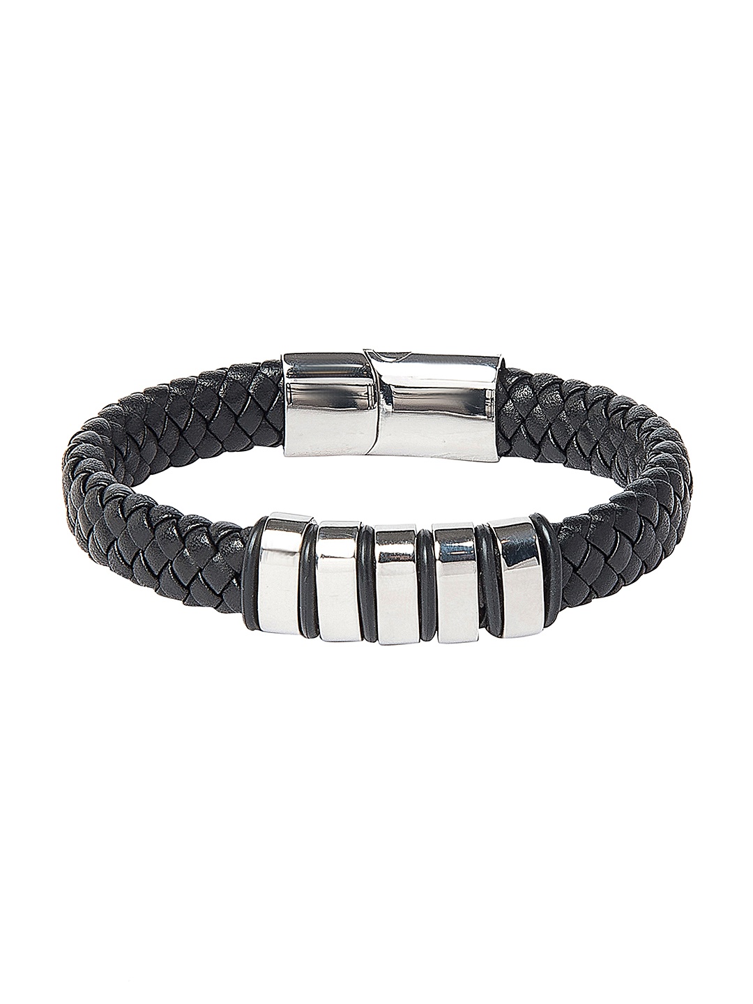 

bodha Men Black Steel & Leather Multistrand Bracelet