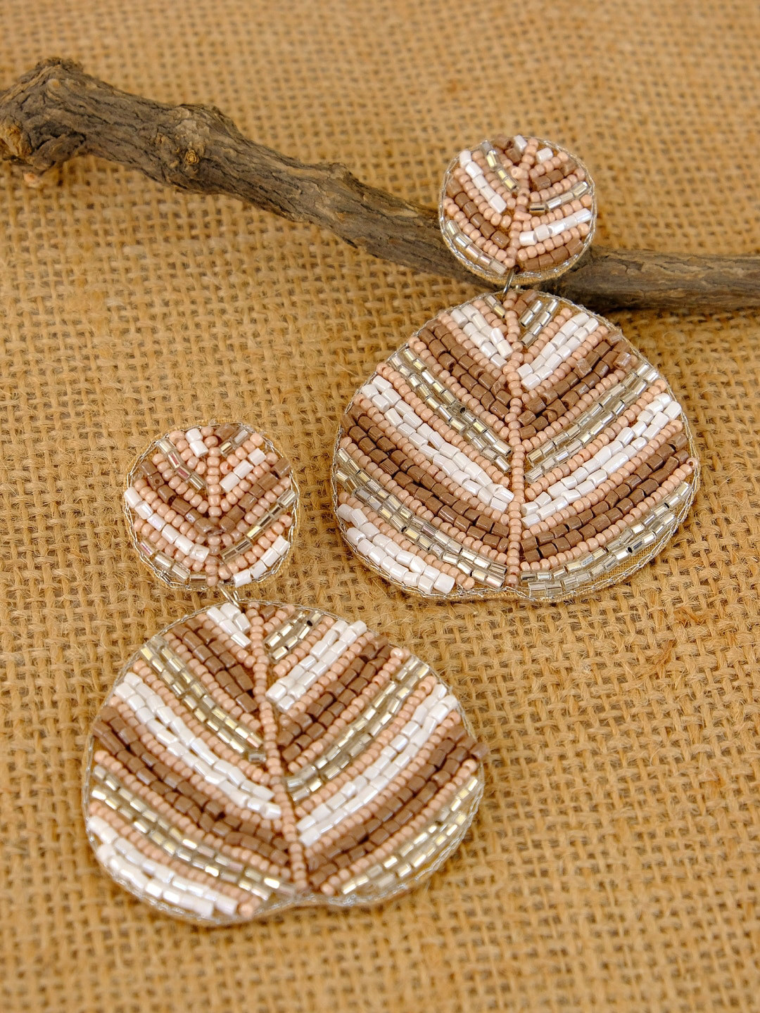 

Crunchy Fashion Gold-Toned & Brown Boho Beaded Leaf Shaped Drop Earrings