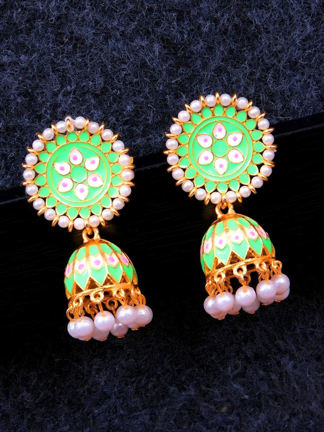

Crunchy Fashion Gold-Plated & Green Contemporary Jhumkas