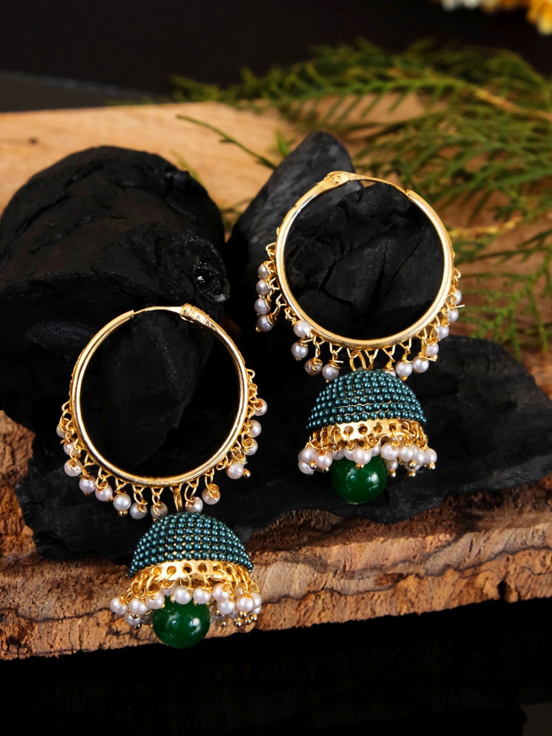 

Crunchy Fashion Gold Plated & Green Contemporary Hoop Earrings
