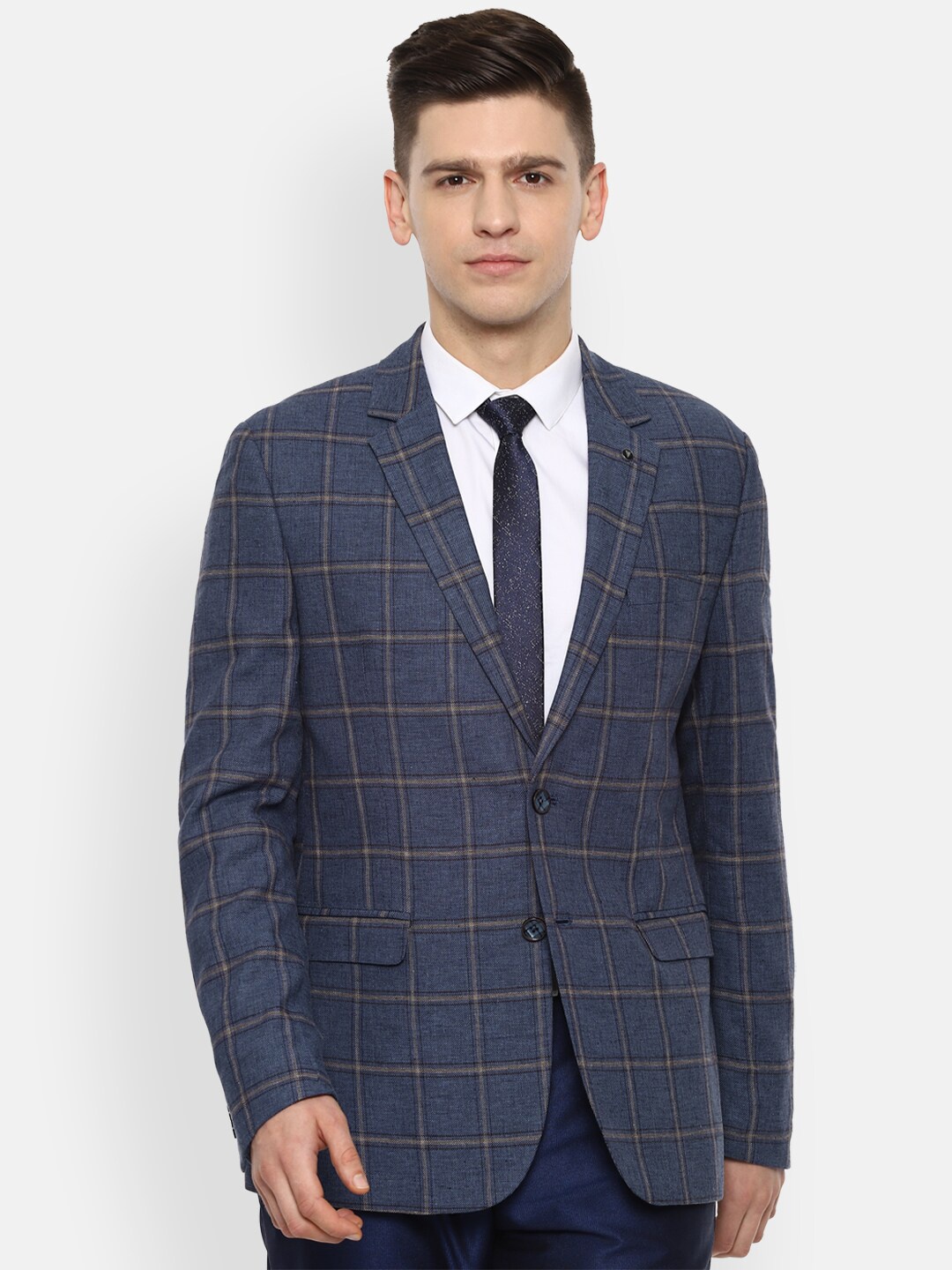 

Van Heusen Men Navy Blue & Brown Checked Slim-Fit Single-Breasted Formal Blazer