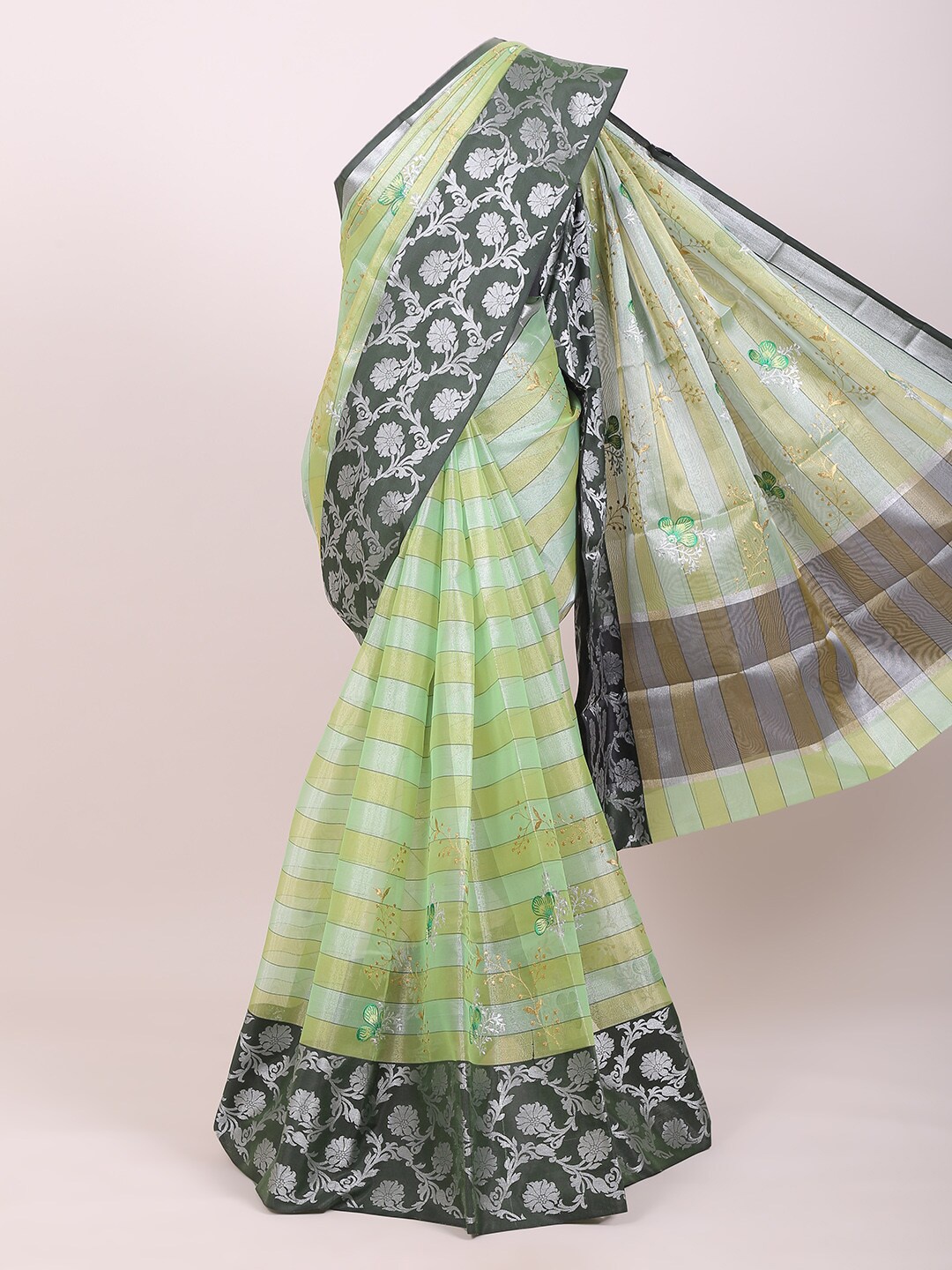 

Pothys Green & Black Striped Zari Tissue Banarasi Saree