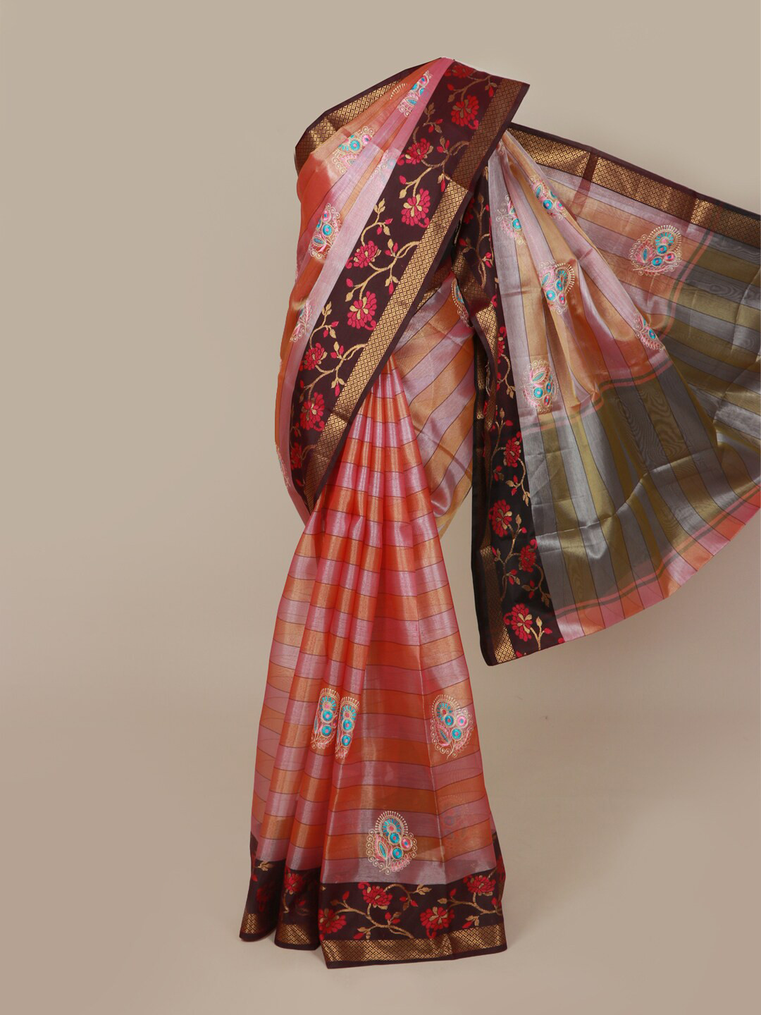 

Pothys Pink & Black Floral Embroidered Tissue Banarasi Saree