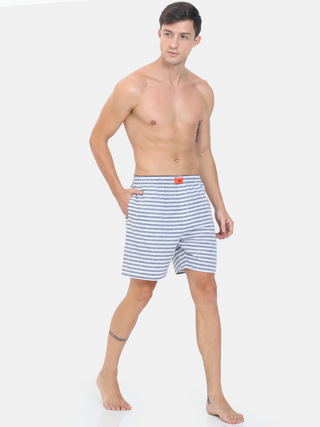 

Bareblow Men White & Blue Striped Pure Cotton Boxer BBBX147