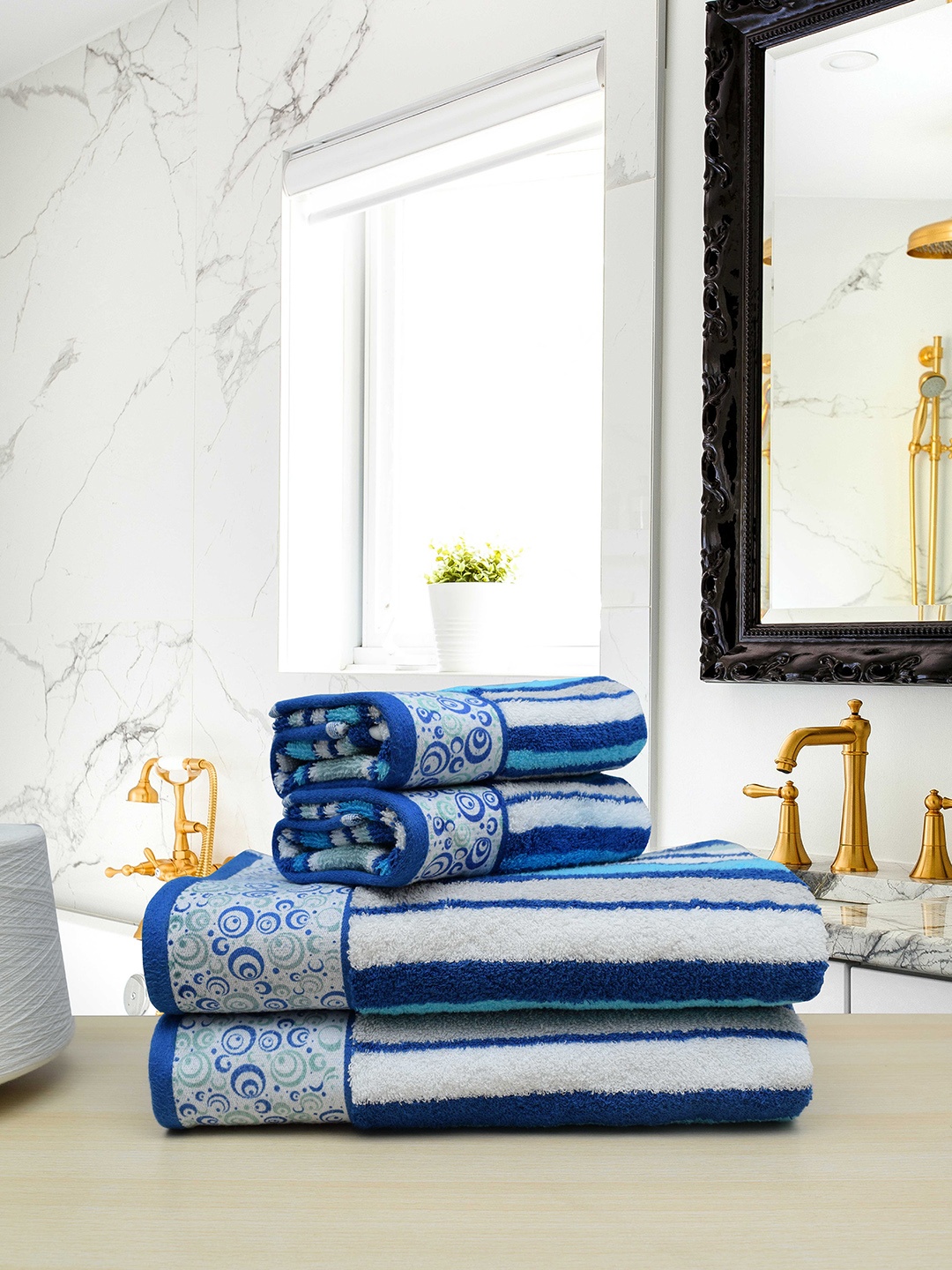 

RANGOLI Set Of 4 Turquoise Blue & White Striped 480 GSM Terri Berri Pure Cotton Towels