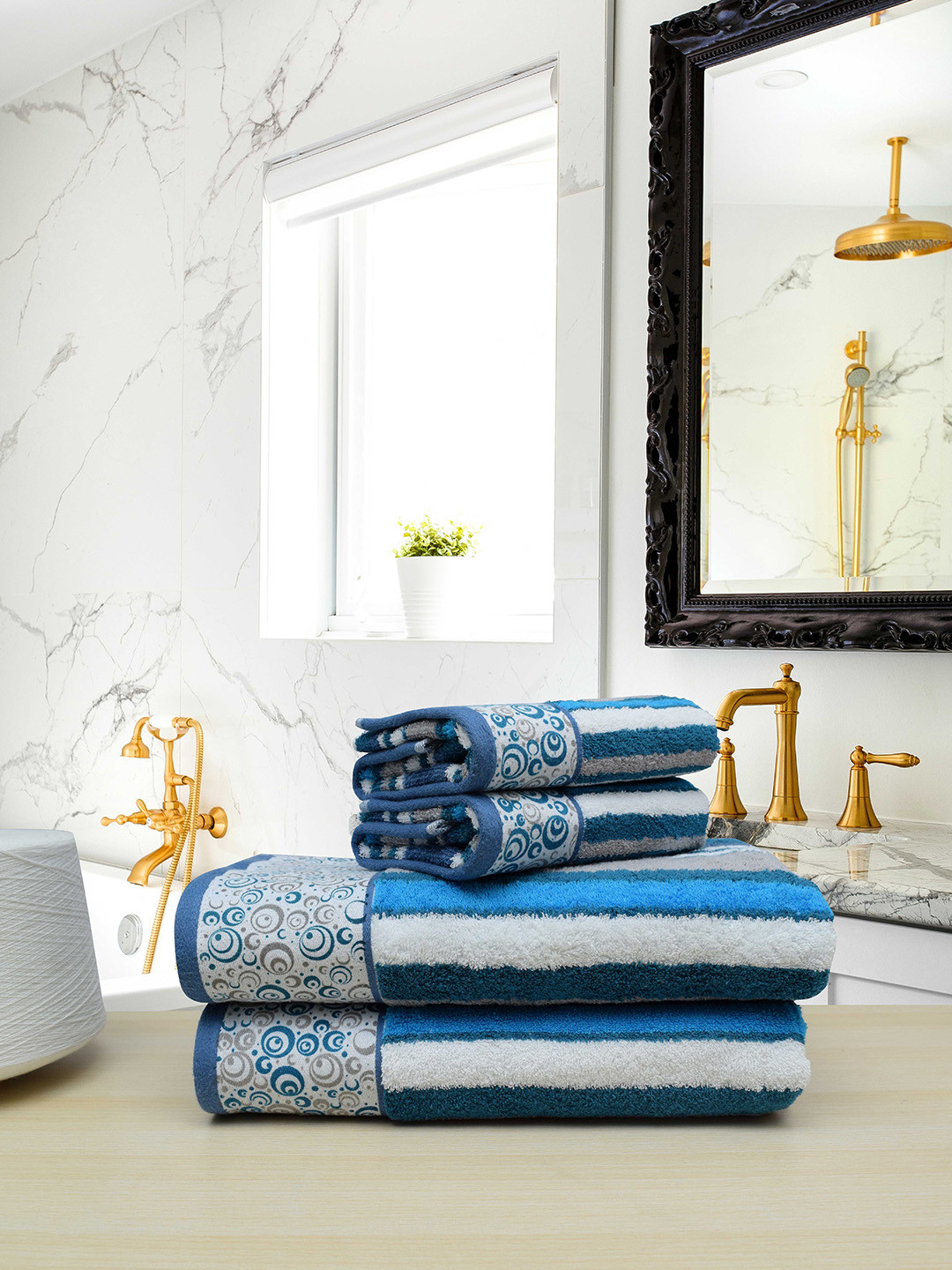 

RANGOLI Set Of 4 Blue & White Striped Pure Cotton 480 GSM Terri Berri Towels