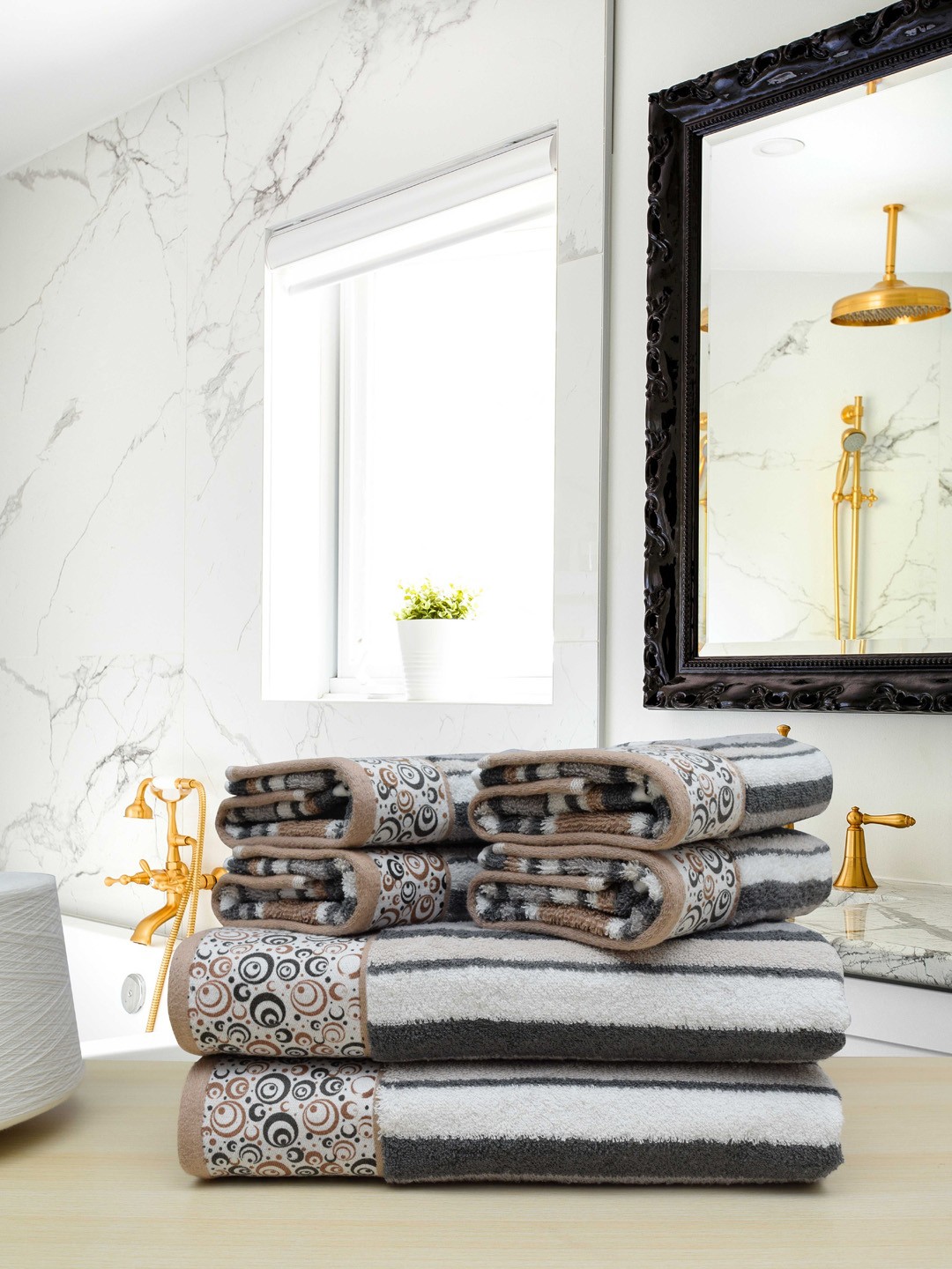 

RANGOLI Set Of 6 Taupe Brown & White Striped Pure Cotton 480 GSM Terri Berri Towels