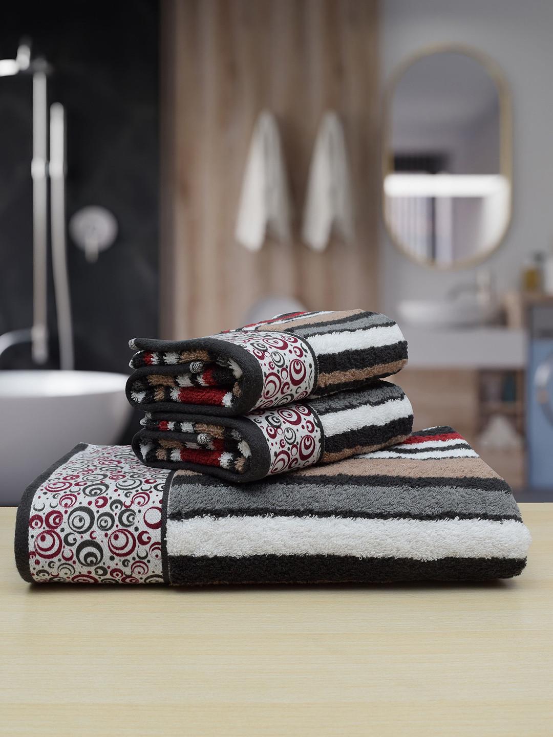 

RANGOLI Set Of 3 Coffee Brown & White Striped 480 GSM Terri Berri Pure Cotton Towels
