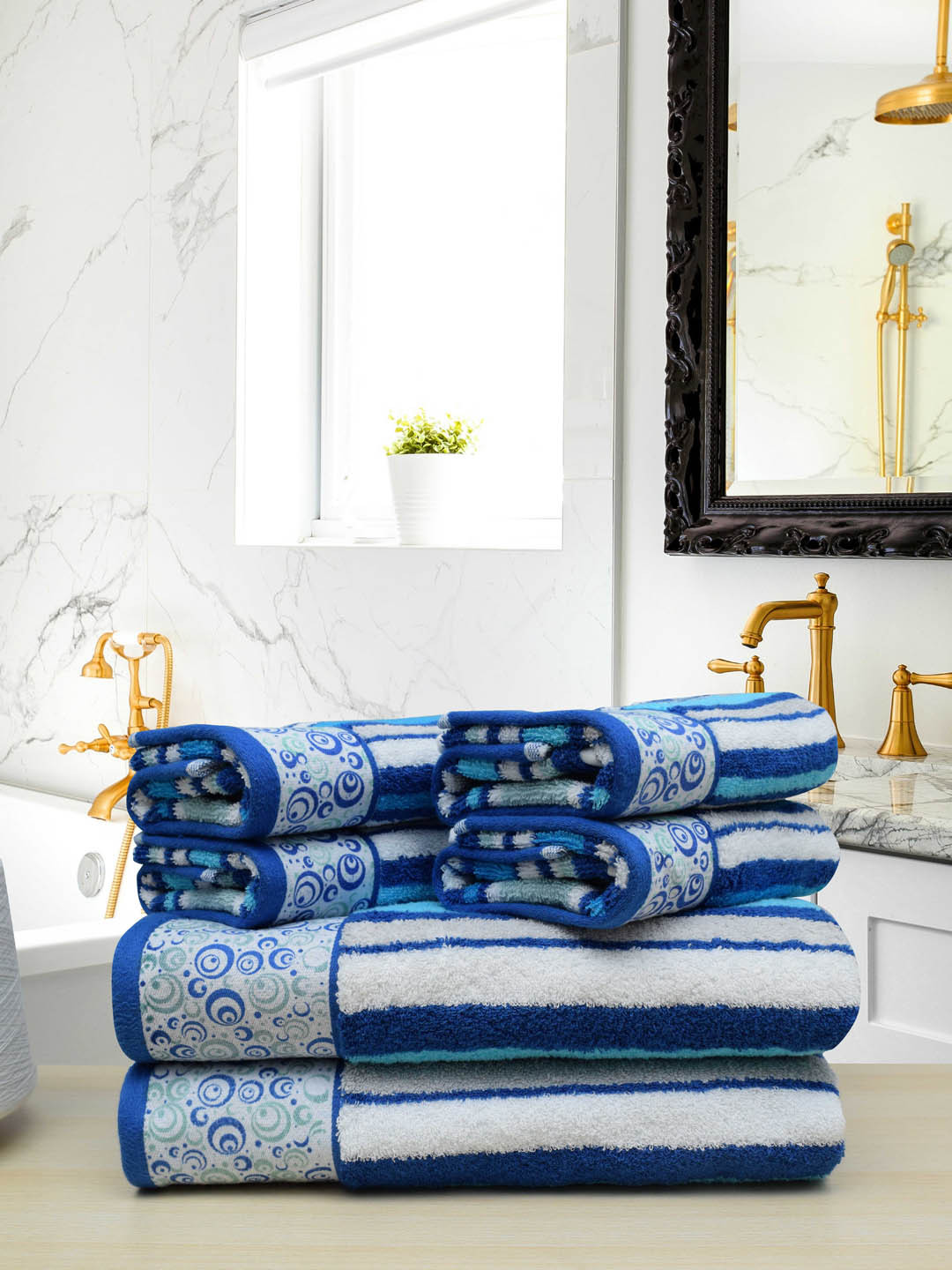 

RANGOLI Set Of 6 Turquoise Blue & White Striped 480 GSM Pure Cotton Terri Berri Towels