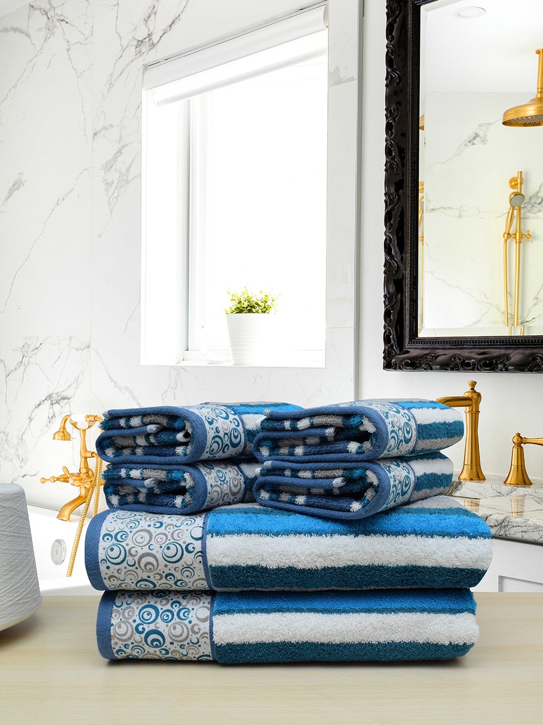 

RANGOLI Set Of 6 Blue & White Striped Terri Berri Caribbean Pure Cotton 480 GSM Terri Berri Towels
