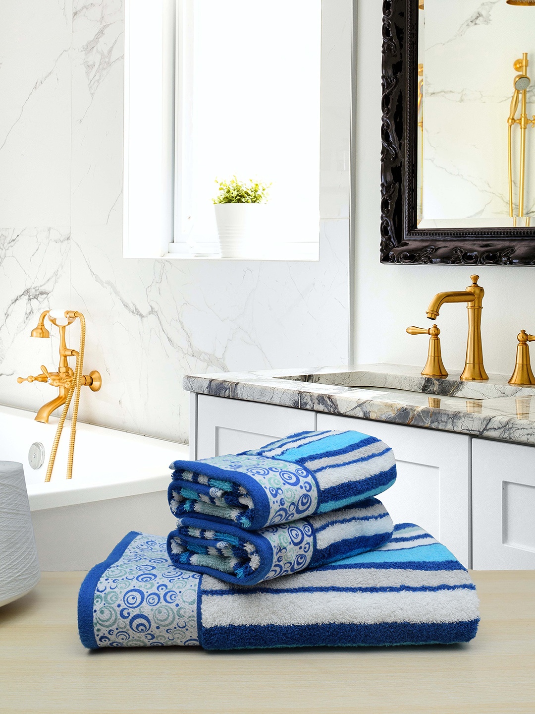 

RANGOLI Set Of 3 Turquoise Blue & White Striped 480 GSM Pure Cotton Terri Berri Towels