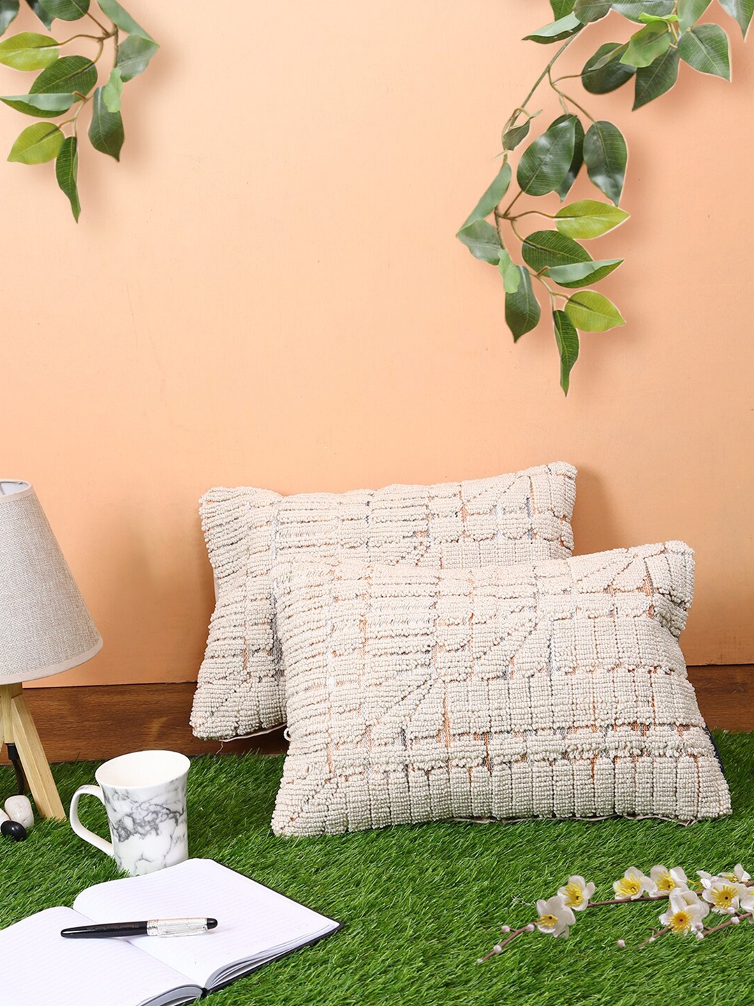 

ROMEE Cream-Coloured & Orange Set of 2 Rectangle Cushion Covers