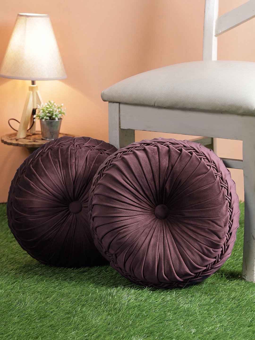 

ROMEE Set Of 2 Brown Solid Velvet Cuddle Round Cushions