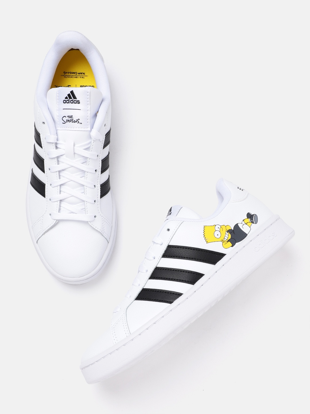 

ADIDAS Men White & Black Striped & The Simpsons Print Detail Leather Grand Court Sneakers