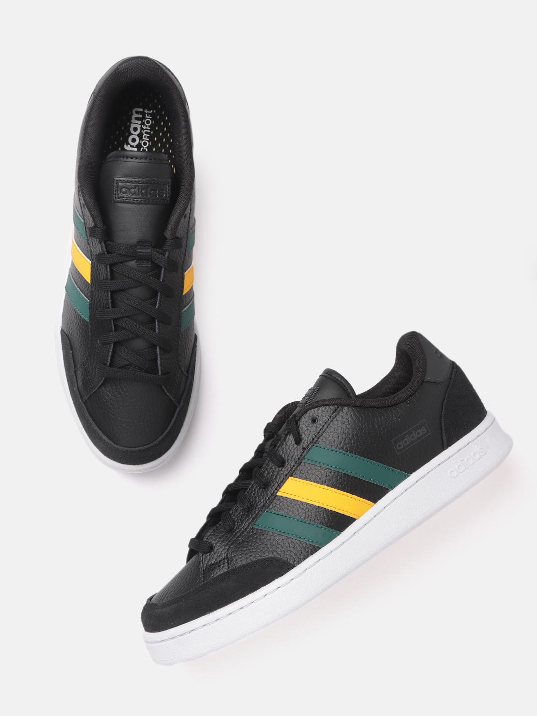 

ADIDAS Men Black & Green Leather Stripe Detail Grand Court SE Sustainable Tennis Sneakers