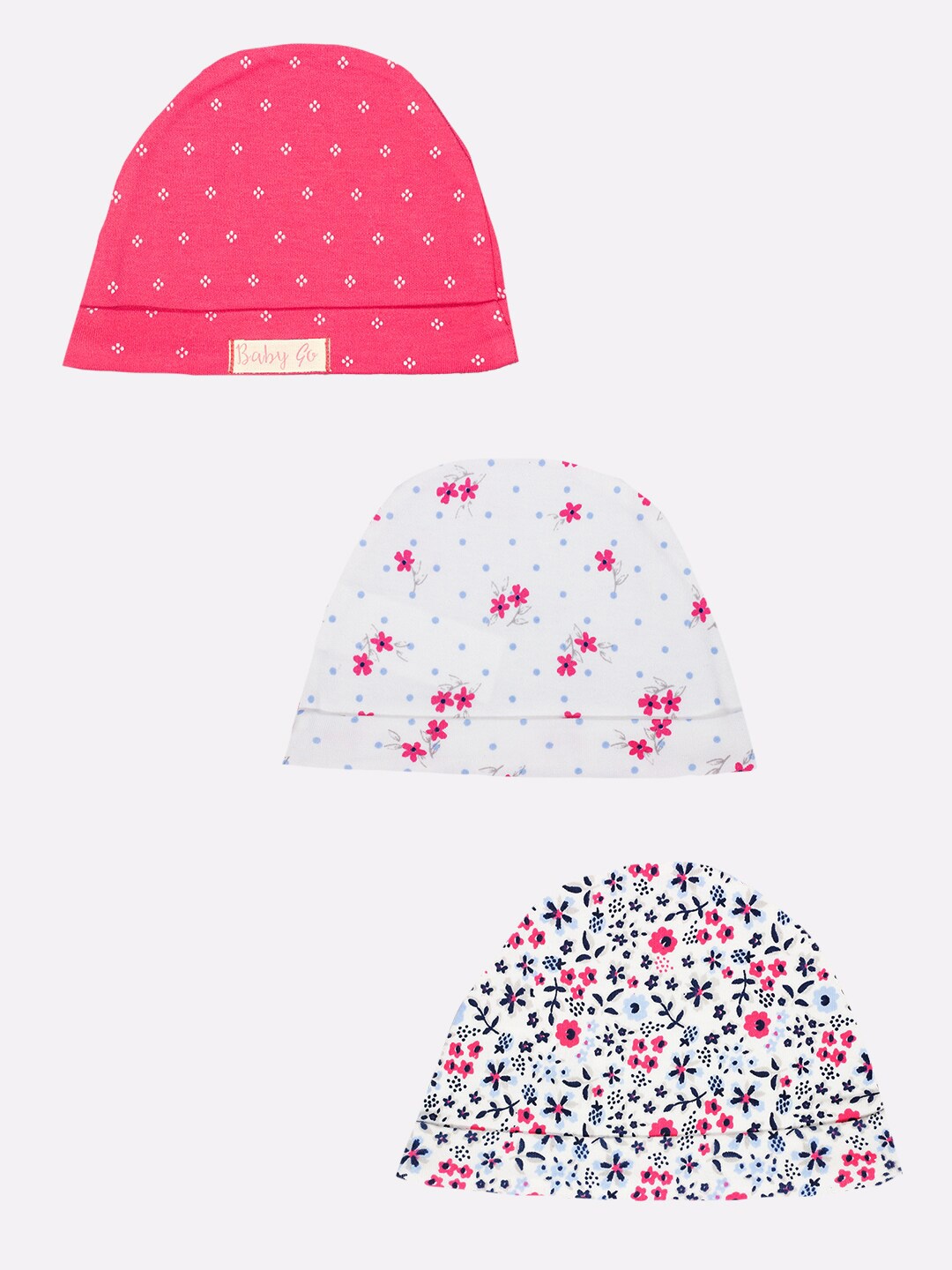 

BABY GO Pack of 3 Infant Fuchsia & White Printed Beanie Cap