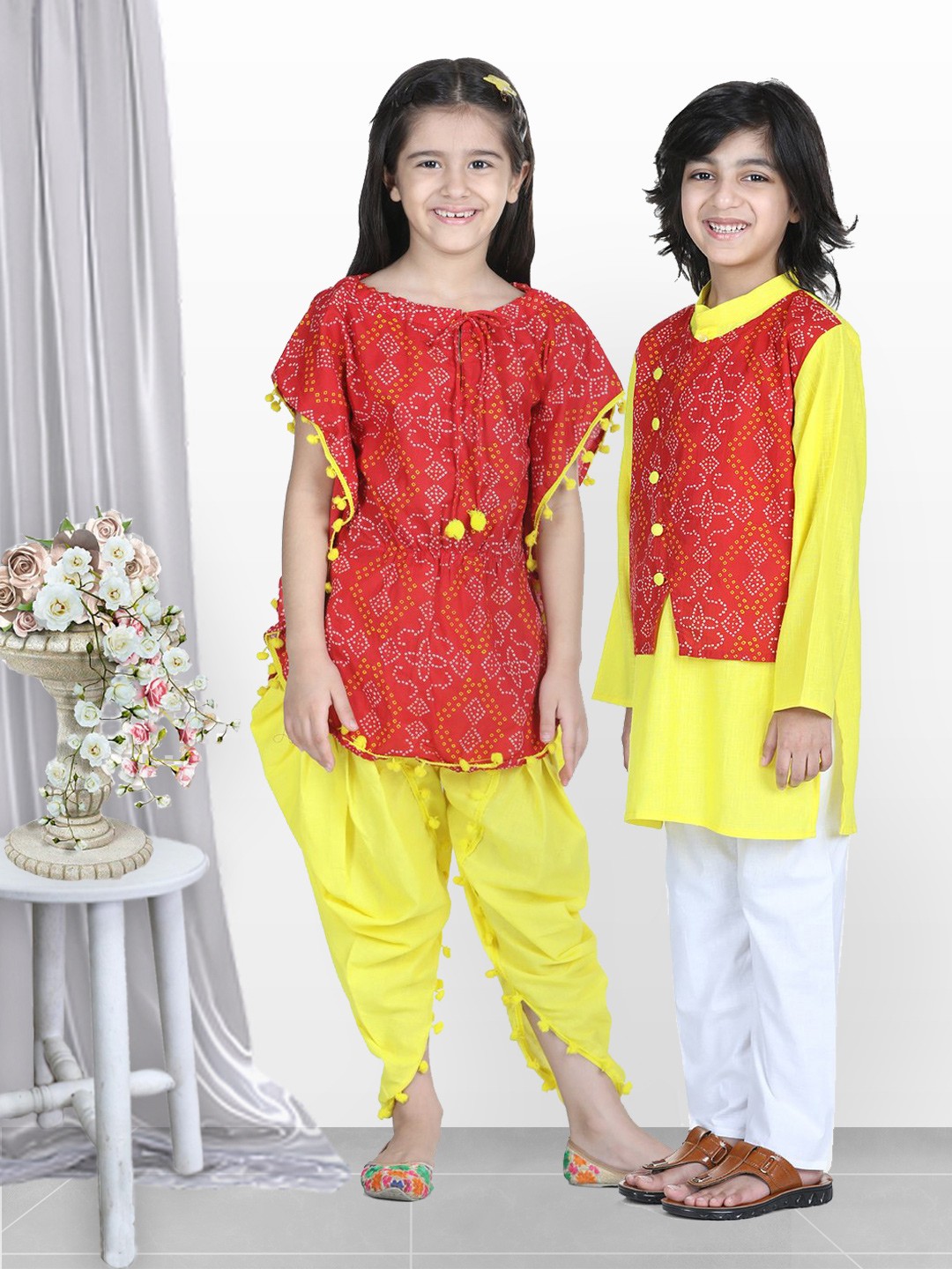 

BownBee Girls Red & Yellow Bandhani Printed Pure Cotton Kaftan Kurta with Dhoti Pants