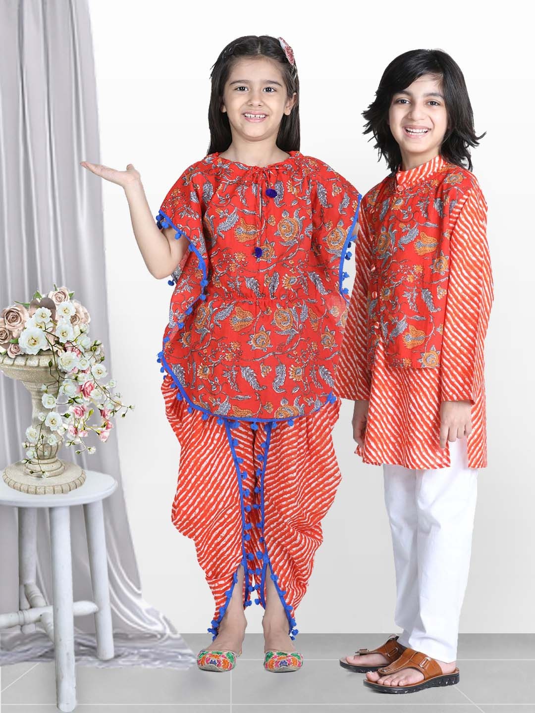 

BownBee Girls Red & Orange Floral Printed Pure Cotton Kaftan Kurta with Dhoti Pants