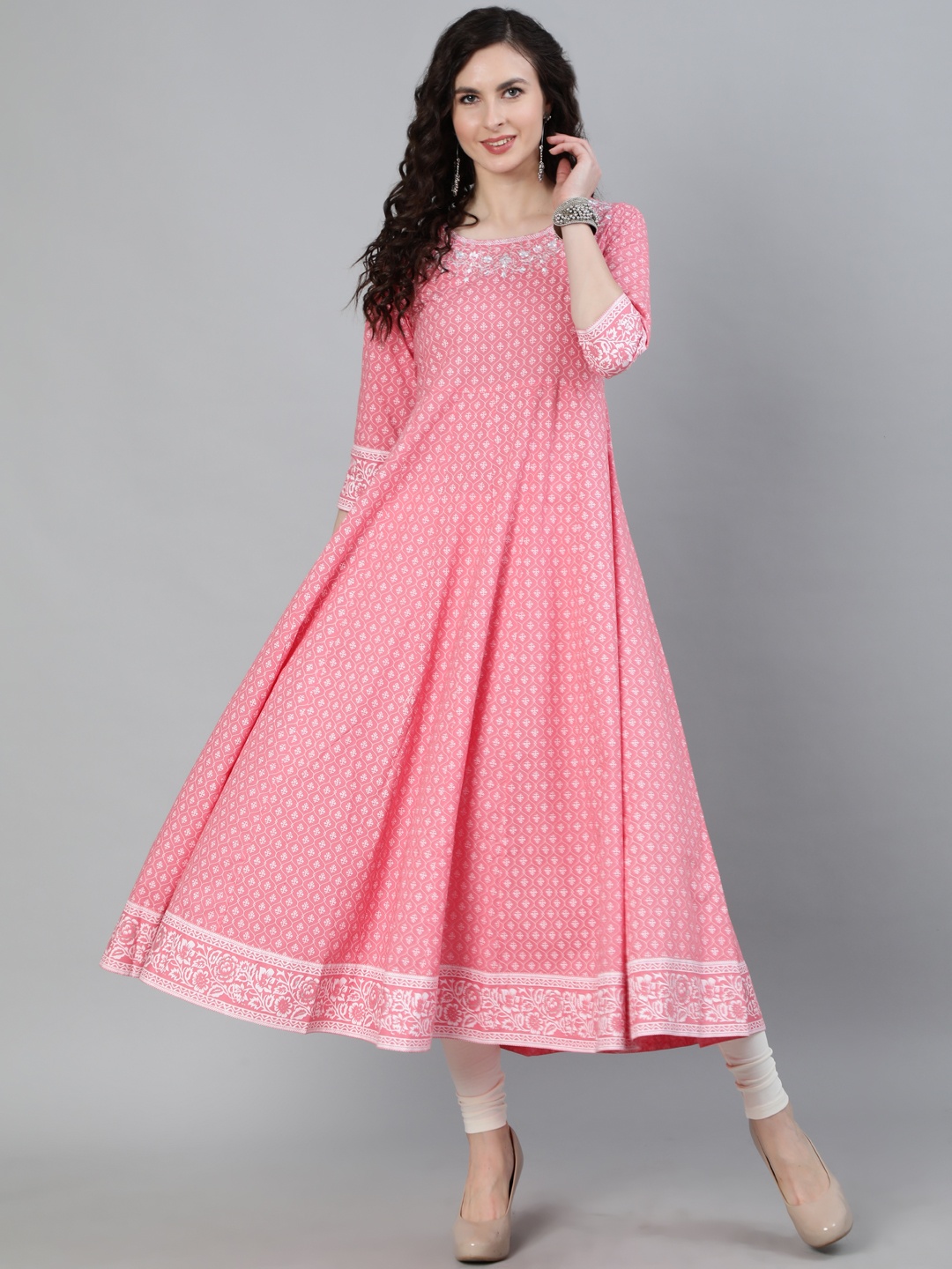 

Jaipur Kurti Printed Anarkali with Embroidered Yoke, Pink