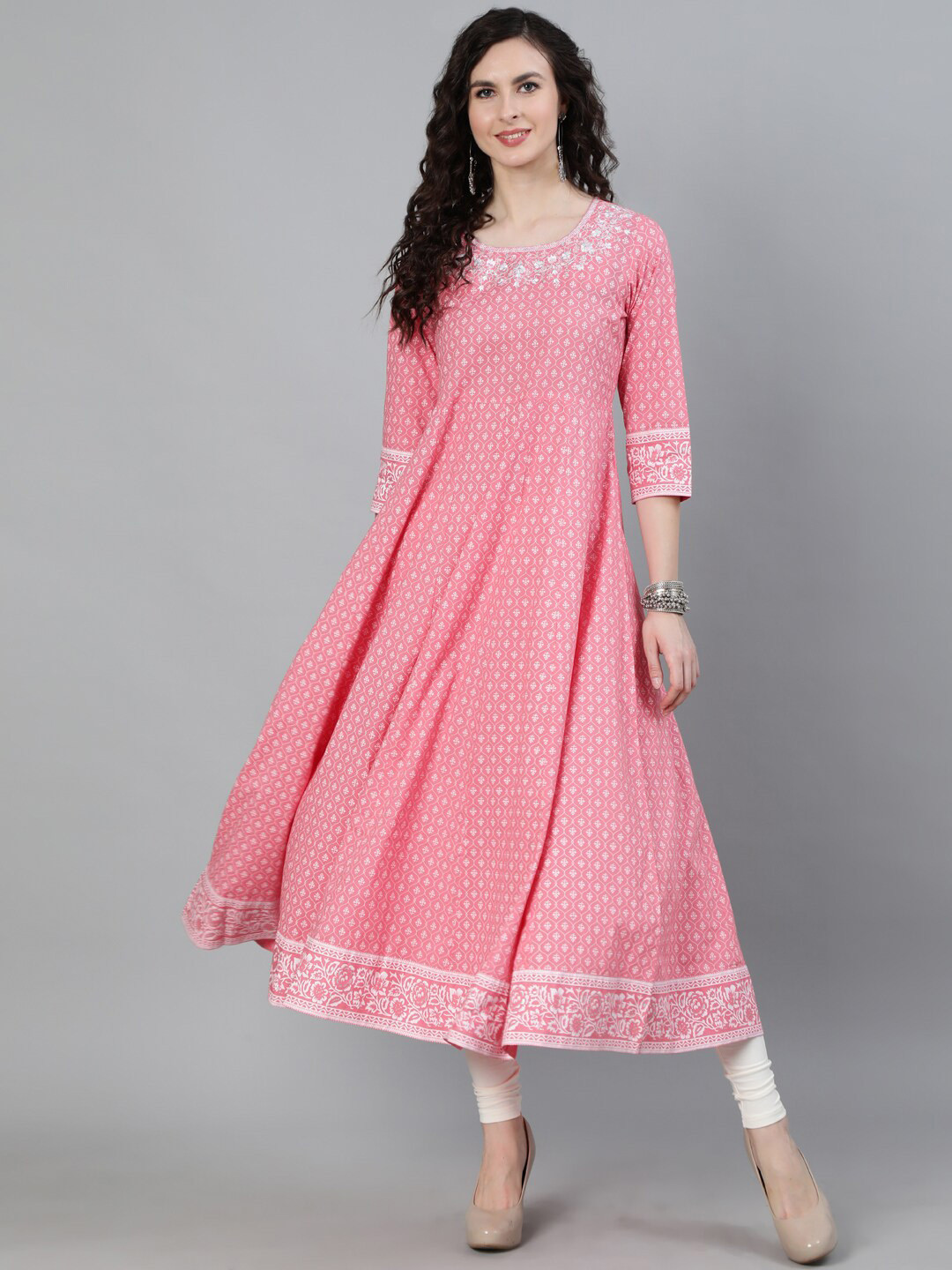 

Jaipur Kurti Women Pink Ethnic Motifs Cold-Shoulder Sleeves Handloom Anarkali Kurta
