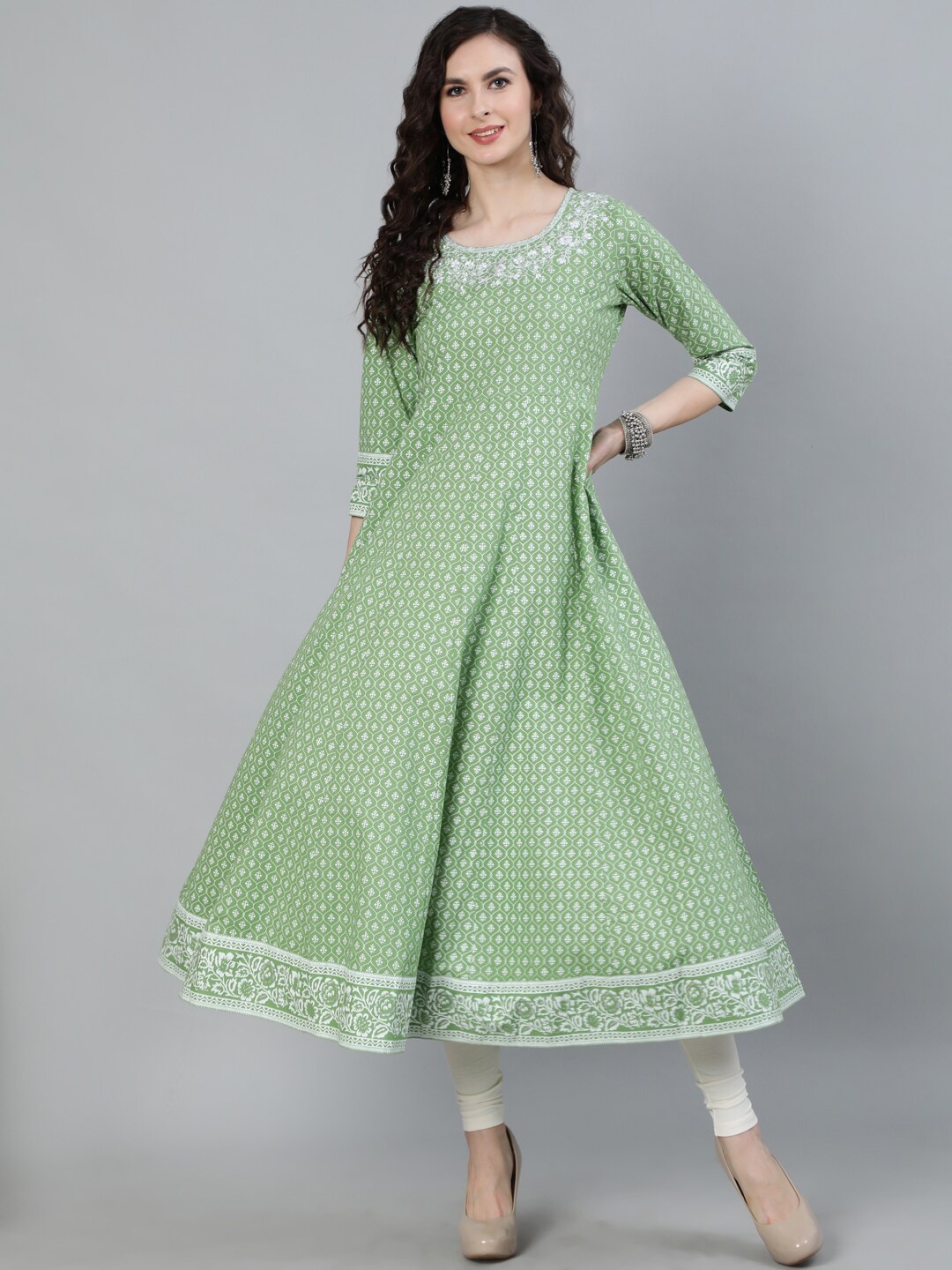 

Jaipur Kurti Printed Anarkali With Embroidered Yoke, Green