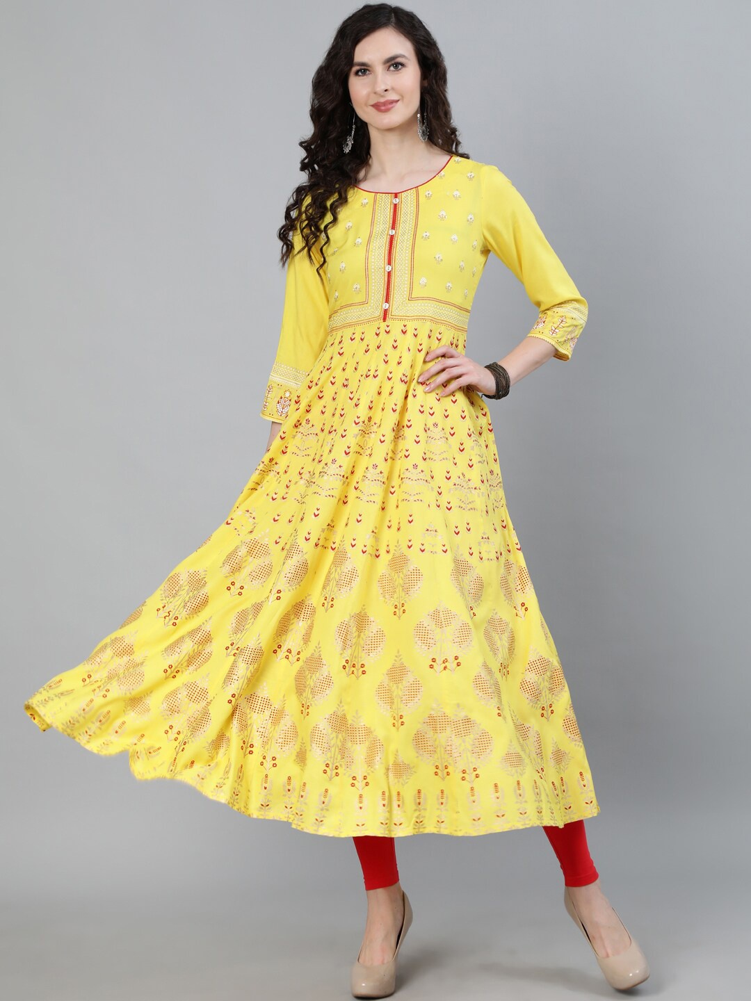 

Jaipur Kurti Women Yellow and Red Ethnic Motifs Printed Handloom Anarkali Kurta