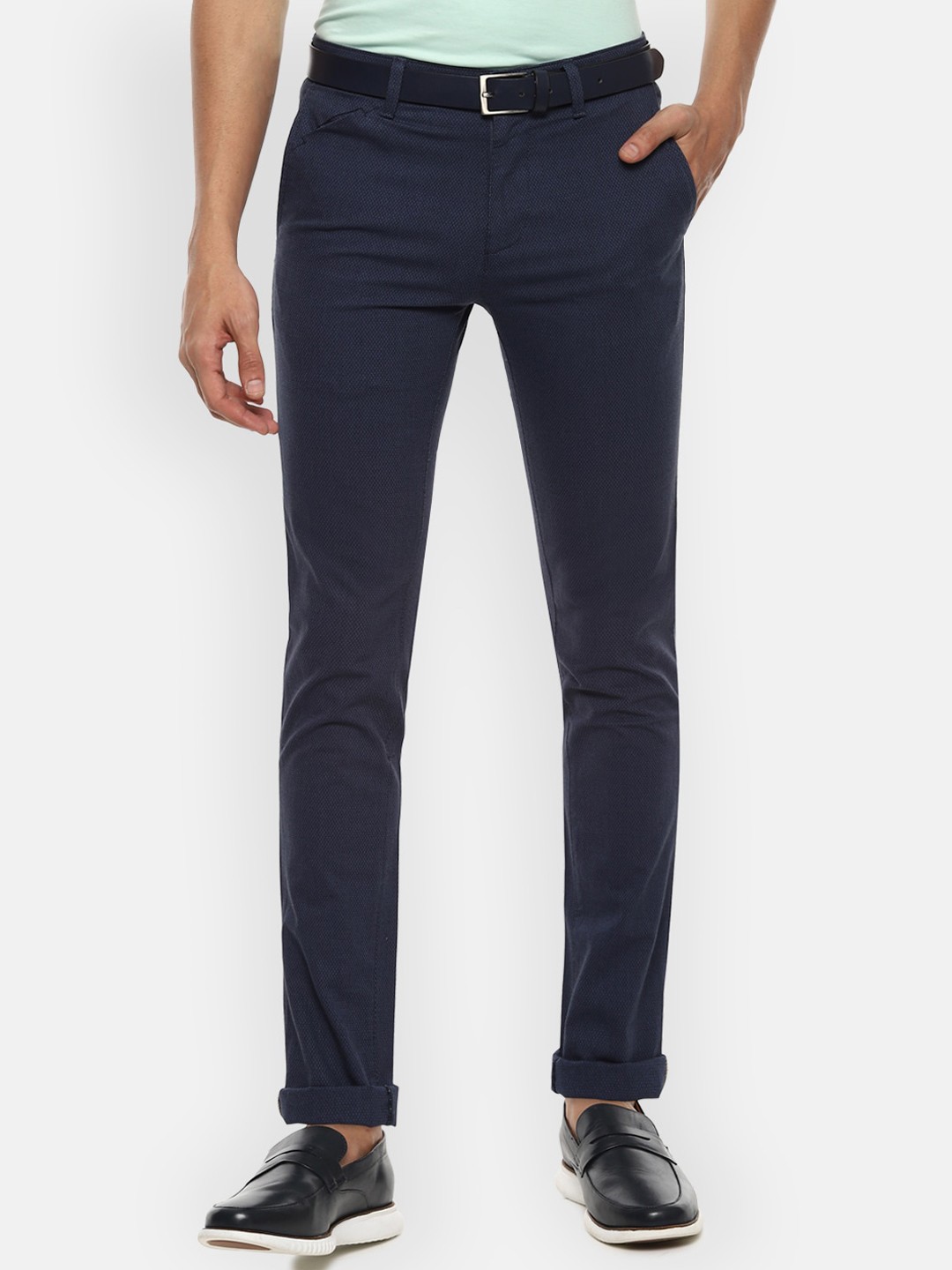 

V Dot Men Navy Blue Textured Slim Fit Trousers
