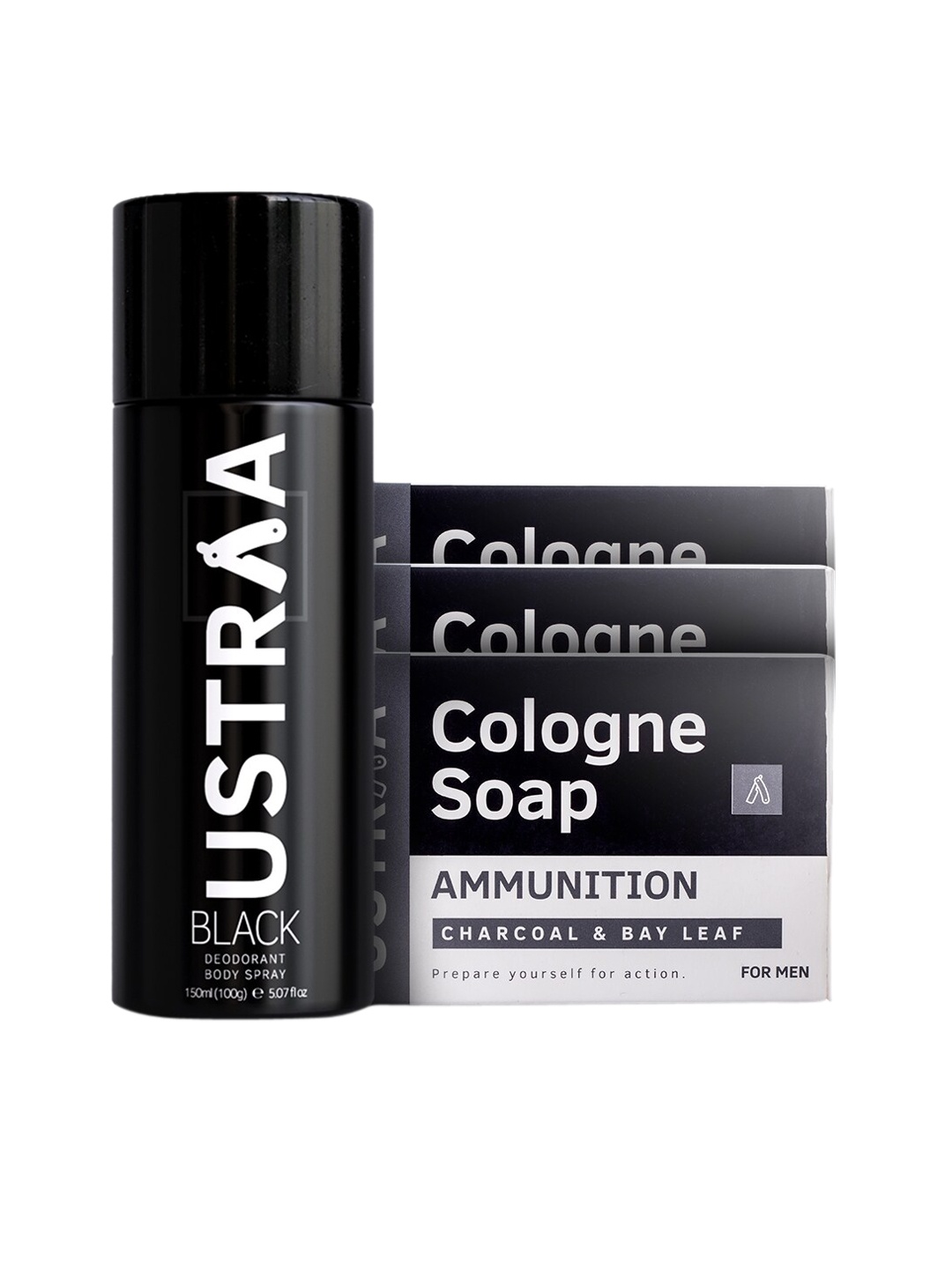 

Ustraa Deodorant Body Spray & Pack of 3 Ammunition Cologne Soap, Black