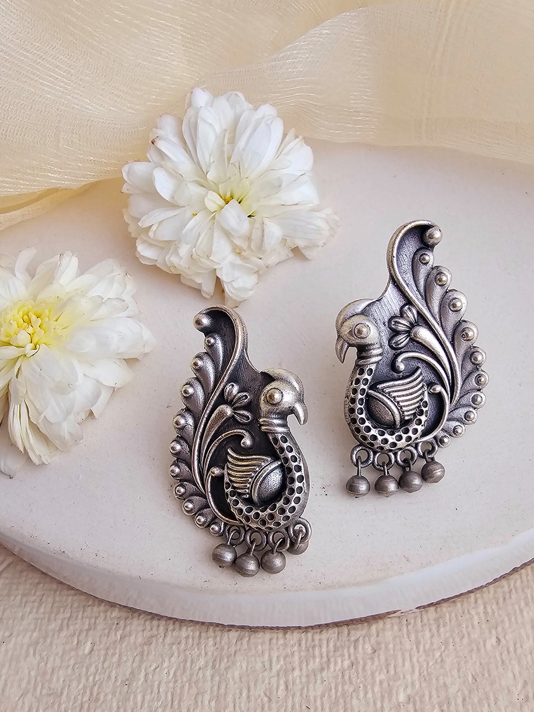 

Binnis Wardrobe Women Silver-Toned German Silver Peacock Shaped Earrings