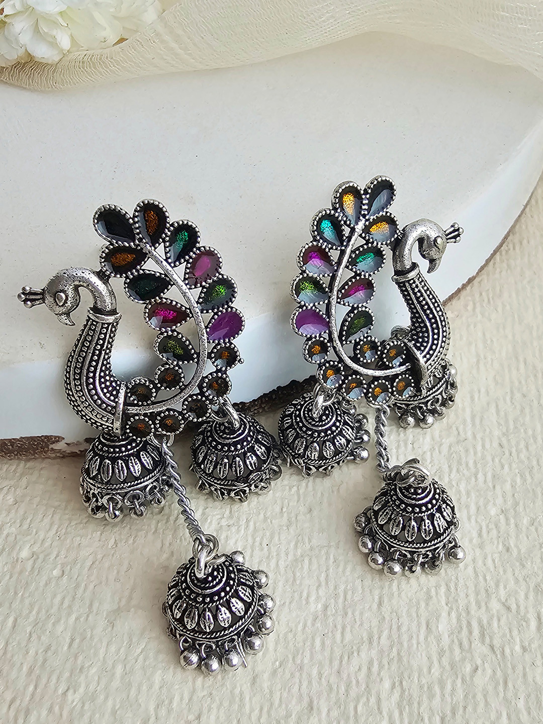 

Binnis Wardrobe Silver-Toned & Multicoloured Contemporary Drop Earrings