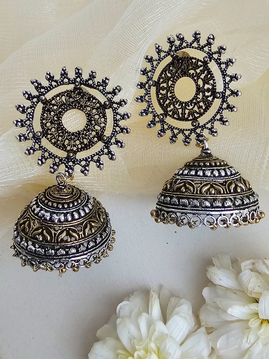 

Binnis Wardrobe Women Silver-Toned German Silver Contemporary Jhumkas Earrings