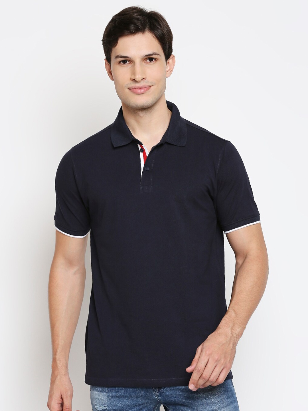 

The Souled Store Men Navy Blue Polo Collar Pure Cotton T-shirt