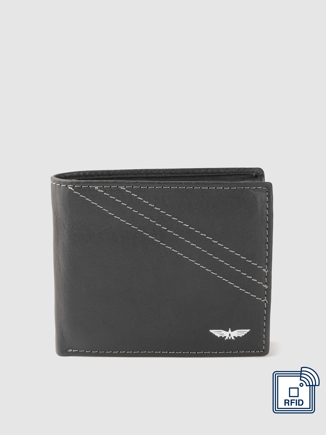 

Park Avenue Men Black Solid Embroidered Detail Leather RFID Two Fold Wallet