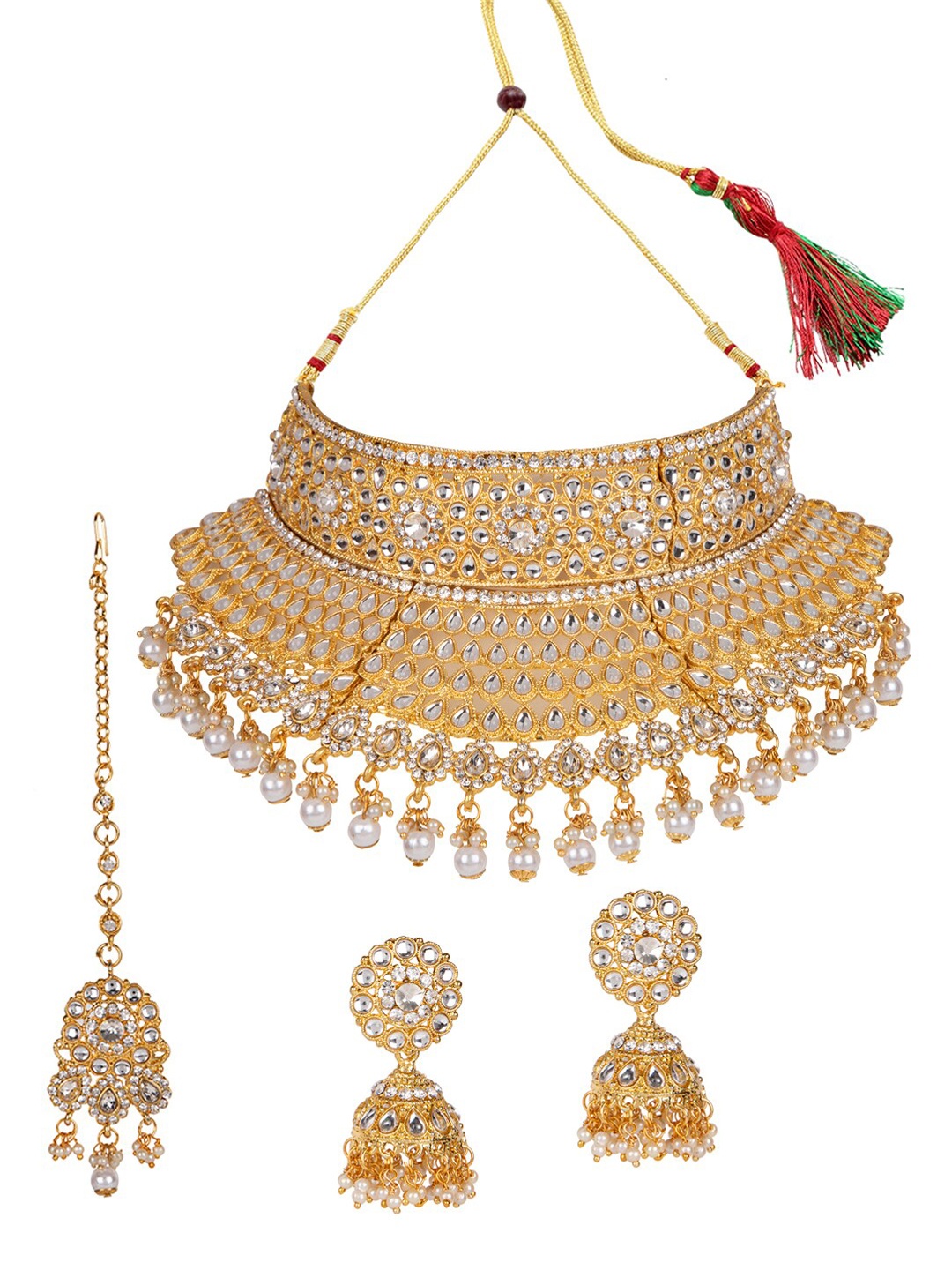 

ANIKAS CREATION Gold-Plated White Kundan-Studded & Beaded Bridal Jewellery Set