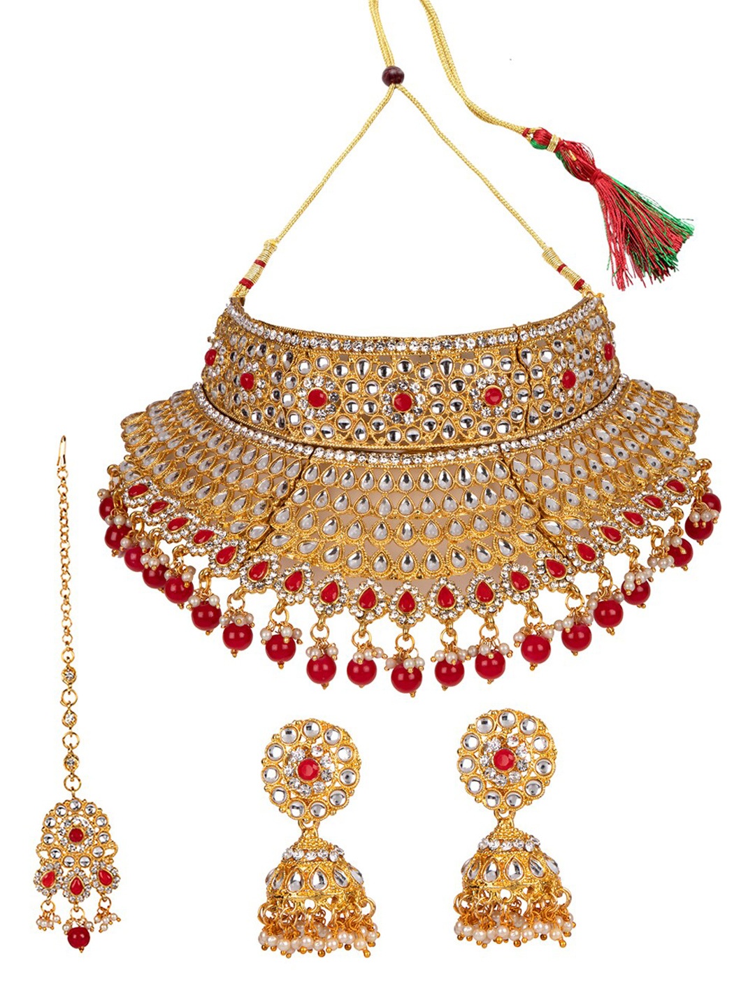 

ANIKAS CREATION Gold-Plated Red & White Kundan-Studded & Beaded Vilandi Jewellery Set