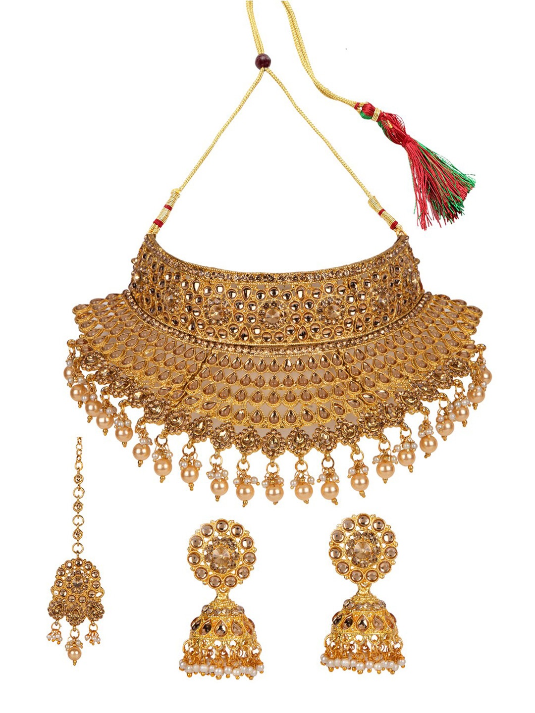 

ANIKAS CREATION Gold-Plated Tan Brown & White Kundan-Studded & Beaded Vilandi Jewellery Set