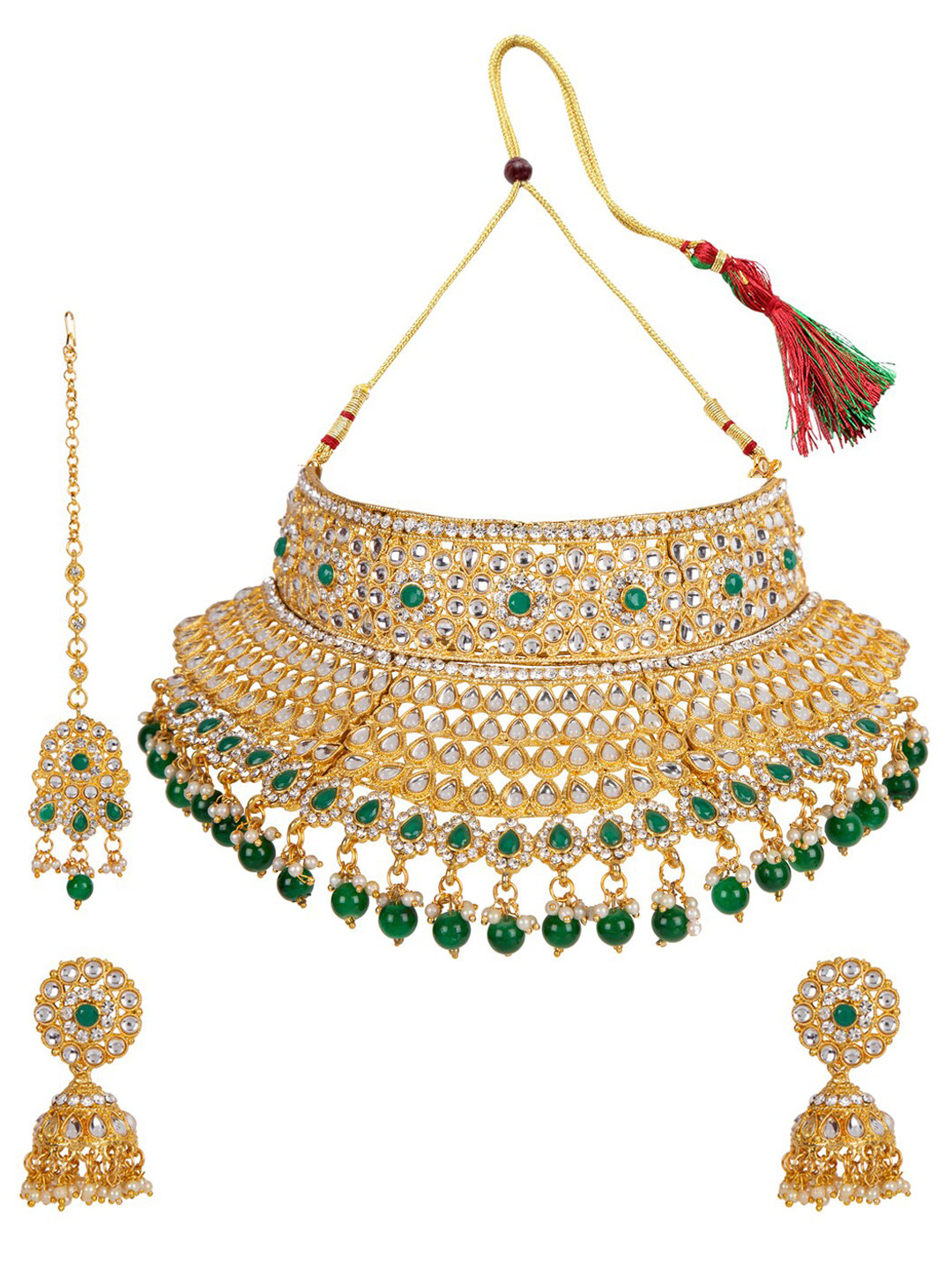 

ANIKAS CREATION Gold-Plated Green & White Kundan-Studded & Beaded Vilandi Jewellery Set