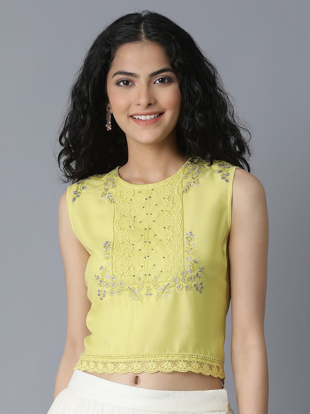 

W Women Yellow Thread Work Regular Crop Top