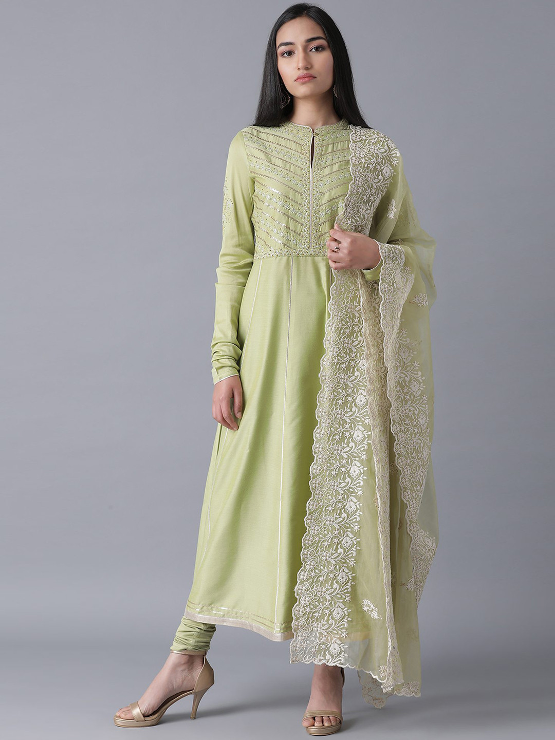 

WISHFUL Yoke Design Kurta With Churidar & Dupatta, Green