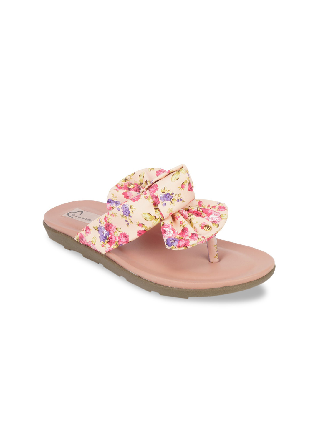 

The Desi Dulhan Women Pink & Cream-Coloured Floral Printed Open Toe Flats With Bow Detail