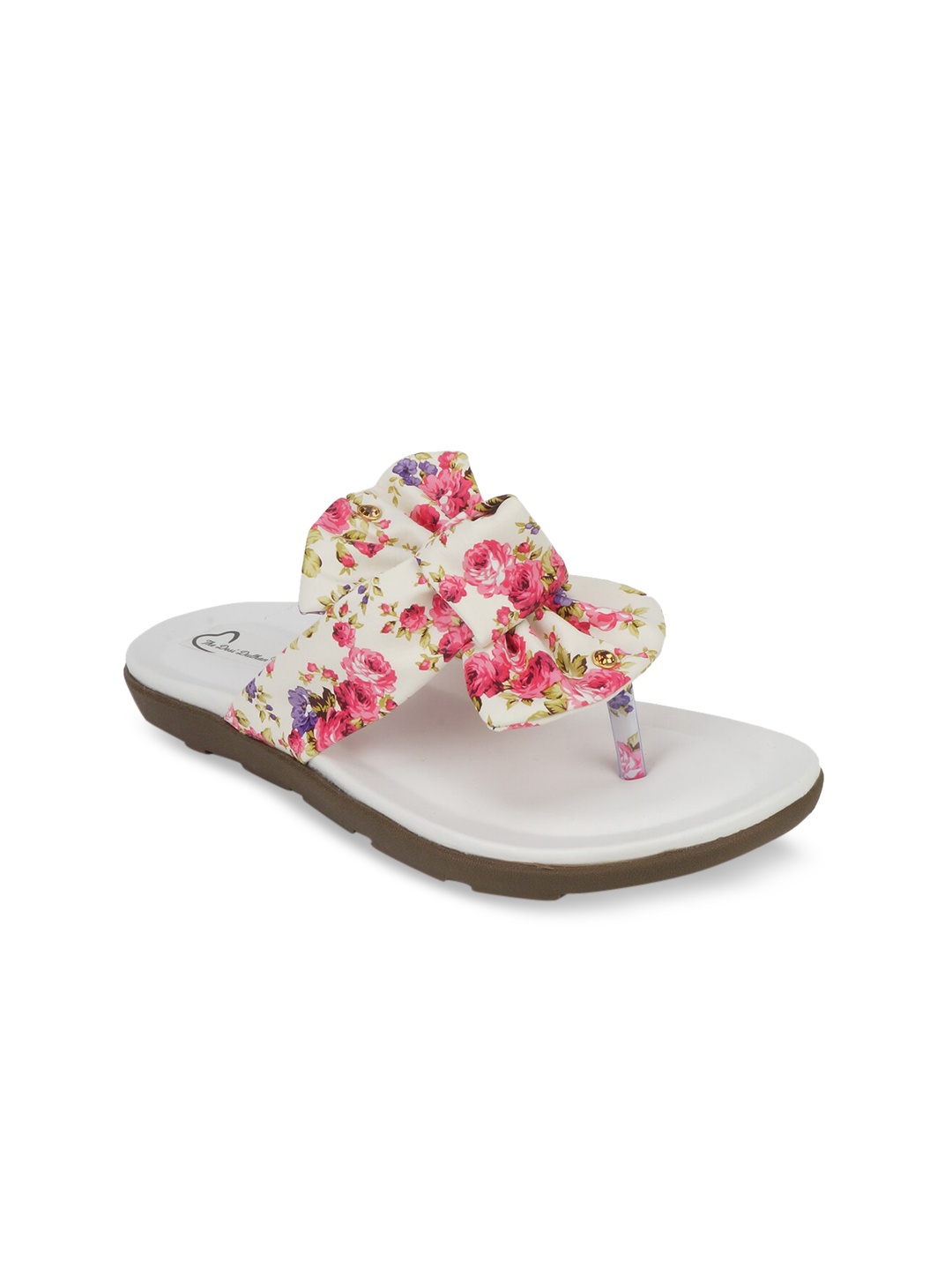 

The Desi Dulhan Women White & Pink Floral Printed Open Toe Flats With Bow Detail