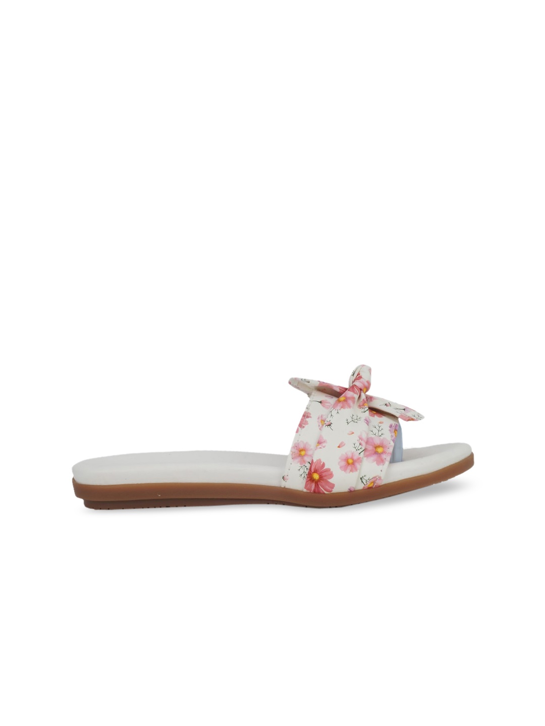 

The Desi Dulhan Women White & Yellow Floral Printed Open Toe Flats With Bow Detail
