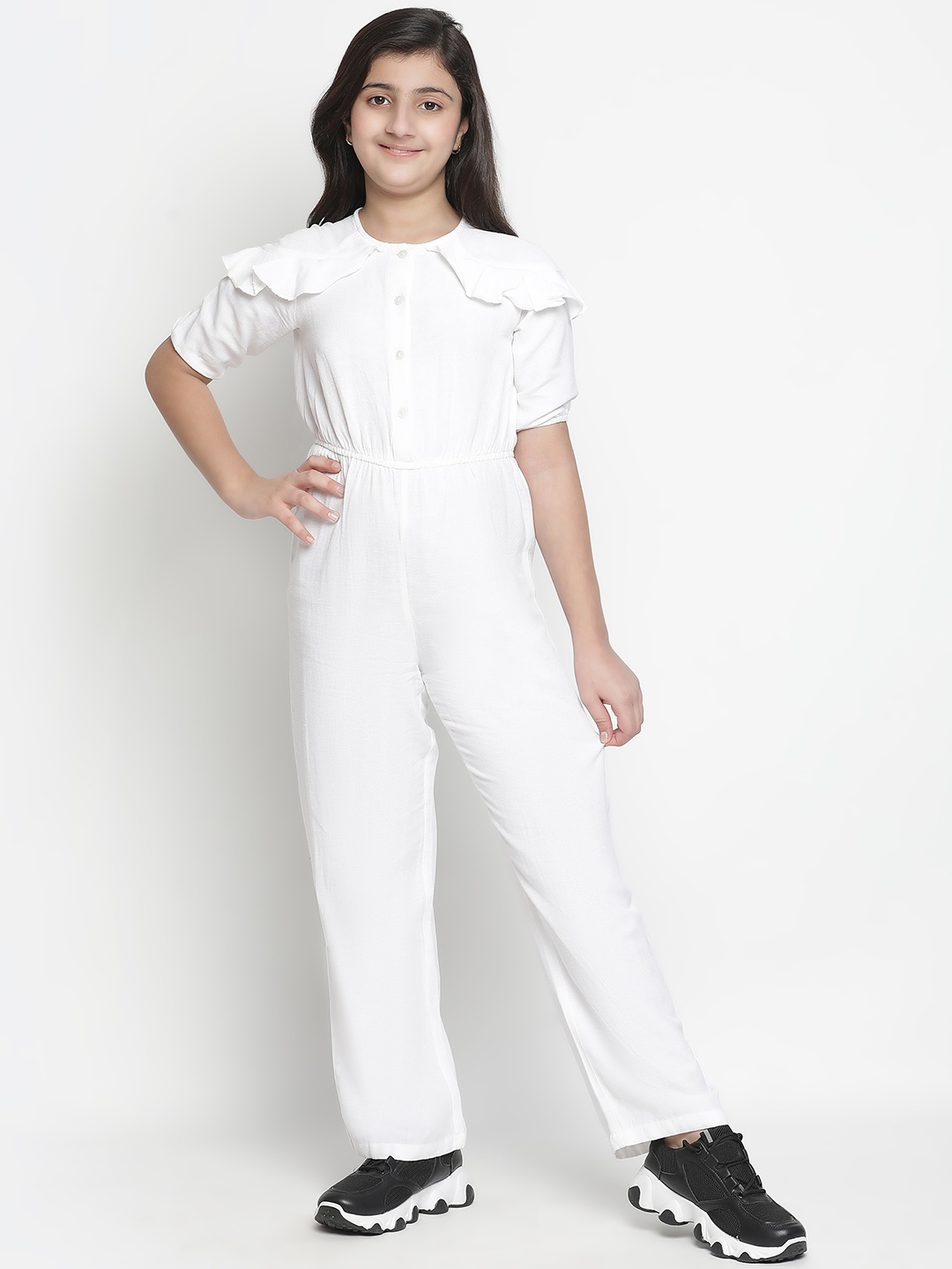 

Oxolloxo Girls White Solid Basic Jumpsuit with Layered Sleeve