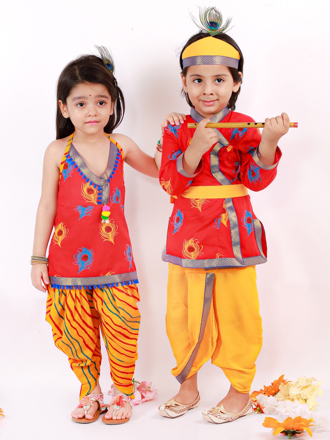 

KID1 Boys Red & Mustard Yellow Peacock Feather Printed Pure Cotton Lord Krishna Costume