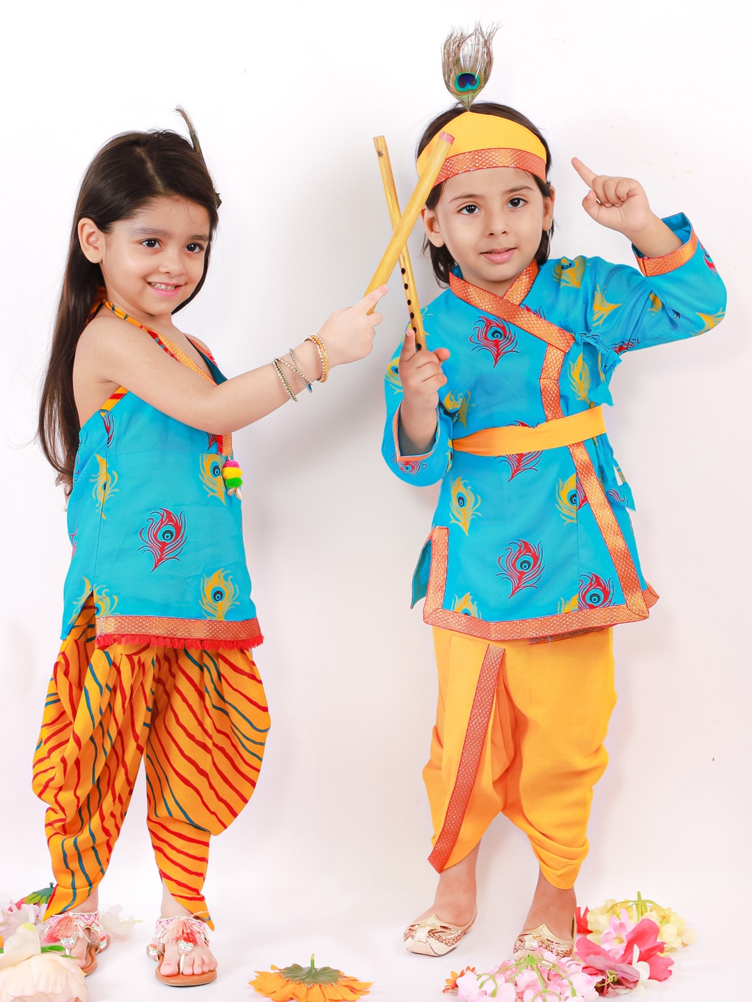 

KID1 Boys Blue & Yellow Peacock Feather Printed Pure Cotton Lord Krishna Costume