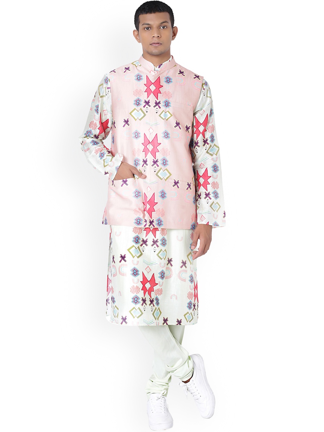

PS MEN BY PAYAL SINGHAL Men White & Pink Ikat Silk Mul Kurta with Churidar & Nehru Jacket