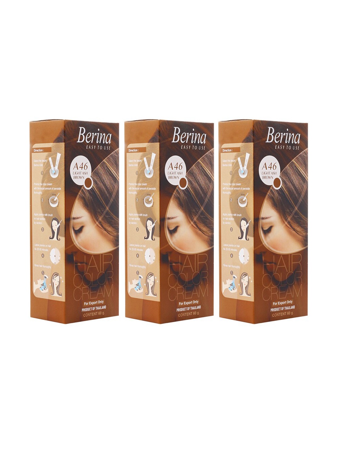 

Berina Pack of 3 A46 Light Ash Brown Hair Color Cream - 60gm Each