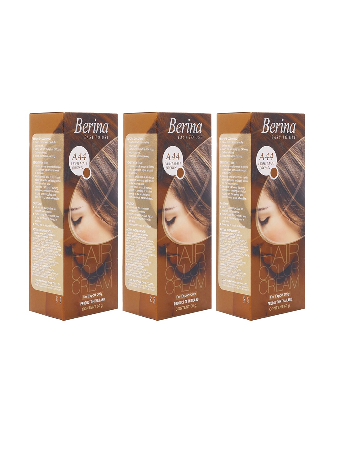 

Berina Pack of 3 A44 Light Matt Brown Hair Color Cream - 60gm Each