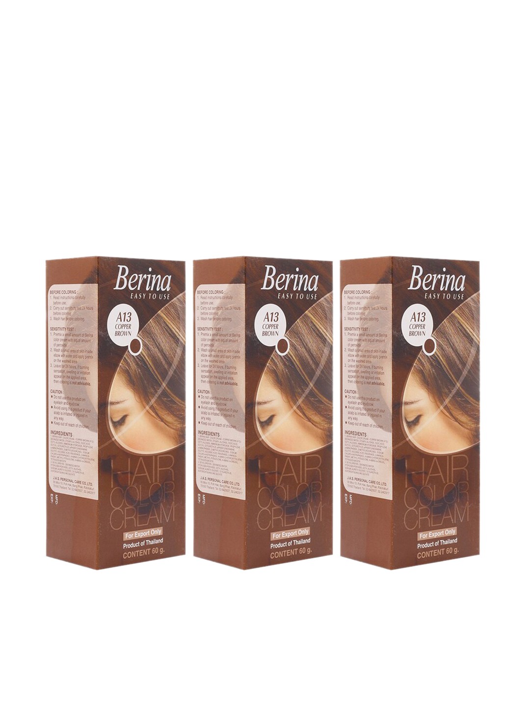 

Berina Pack of 3 A13 Copper Brown Hair Color Cream - 60gm Each
