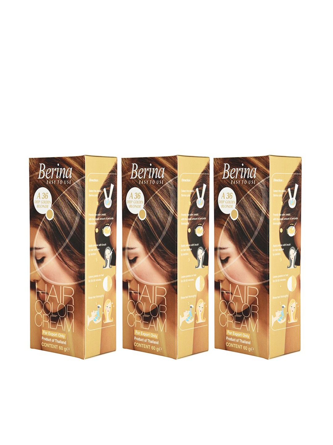 Berina Pack of 3 Hair Color Cream A36 Deep Golden Blonde, Gold